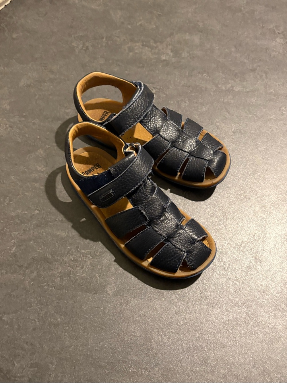 Camper Kids Navy and Tan Leather Fisherman Sandals
